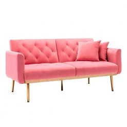 63.78 in. Peach Velvet Twin Size Sofa Bed Accent Sofa Loveseat Sofa with Rose Gold Metal Feet by Z-joyee -Cheap Z-joyee Store peach z joyee sofa beds ljp w39536037 4f 1000