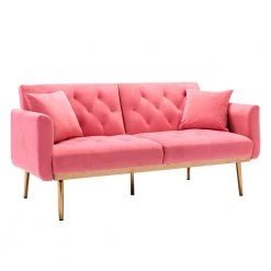 63.78 in. Peach Velvet Twin Size Sofa Bed Accent Sofa Loveseat Sofa with Rose Gold Metal Feet by Z-joyee -Cheap Z-joyee Store peach z joyee sofa beds ljp w39536037 c3 1000