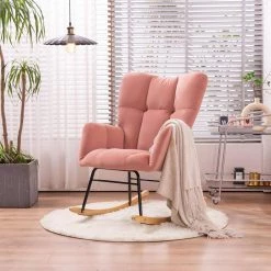 Pink Velvet Tufted Upholstered Mid Century Modern Rocking Chair Padded Seat by Z-joyee 9 Pink Velvet Tufted Upholstered Mid Century Modern Rocking Chair Padded Seat by Z-joyee -Cheap Z-joyee Store pink z joyee rockers gliders ottomans p q202200071 31 1000