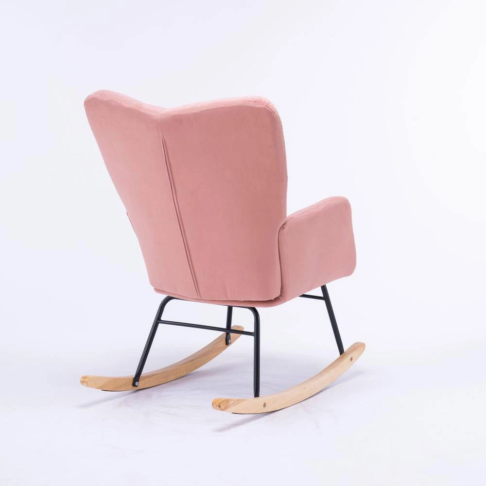 Pink Velvet Tufted Upholstered Mid Century Modern Rocking Chair Padded Seat by Z-joyee 4 Pink Velvet Tufted Upholstered Mid Century Modern Rocking Chair Padded Seat by Z-joyee - Image 4