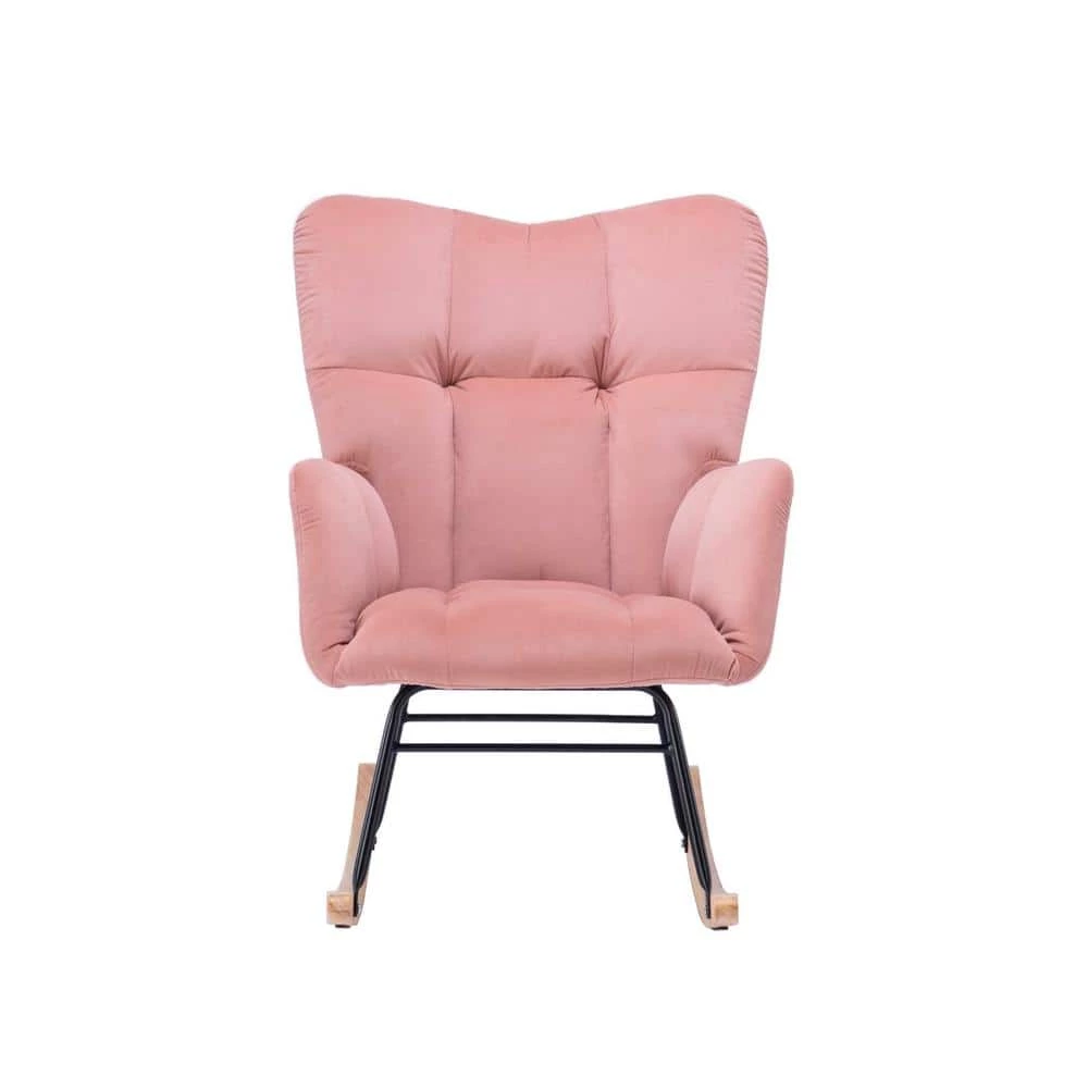 Pink Velvet Tufted Upholstered Mid Century Modern Rocking Chair Padded Seat by Z-joyee 1 Pink Velvet Tufted Upholstered Mid Century Modern Rocking Chair Padded Seat by Z-joyee