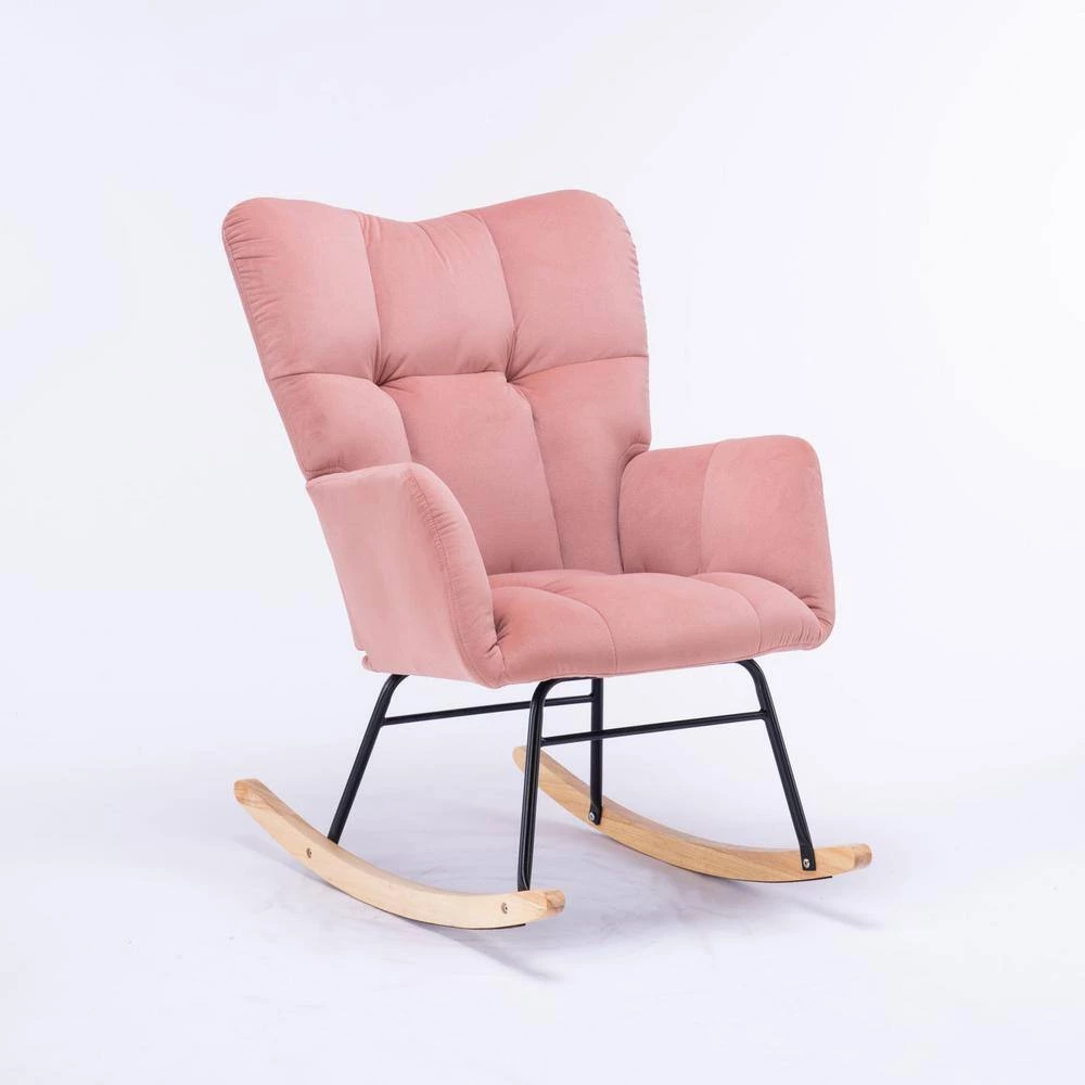 Pink Velvet Tufted Upholstered Mid Century Modern Rocking Chair Padded Seat by Z-joyee 3 Pink Velvet Tufted Upholstered Mid Century Modern Rocking Chair Padded Seat by Z-joyee - Image 3