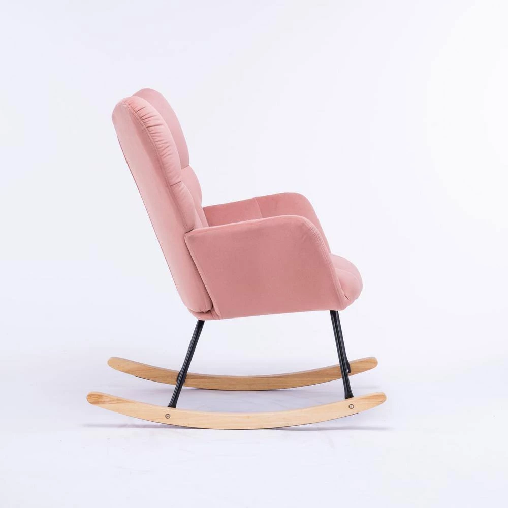 Pink Velvet Tufted Upholstered Mid Century Modern Rocking Chair Padded Seat by Z-joyee 2 Pink Velvet Tufted Upholstered Mid Century Modern Rocking Chair Padded Seat by Z-joyee - Image 2