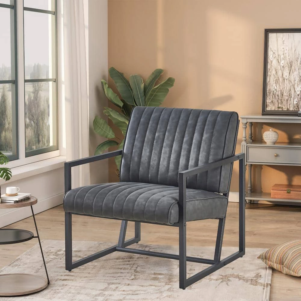 26 in. Gray Faux Leather Steel Arm Chair (Set of 1) by Z-joyee 6 26 in. Gray Faux Leather Steel Arm Chair (Set of 1) by Z-joyee - Image 6