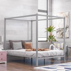 83.5 in. Silver Queen Size Metal Framed Canopy Platform Bed with Built in Headboard by Z-joyee -Cheap Z-joyee Store silver z joyee canopy beds p q202200006 c3 1000