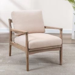 Tan Linen Mid Century Modern Accent Chair Wood Frame Arm Chair for Living Room by Z-joyee -Cheap Z-joyee Store tan z joyee accent chairs ljp w202200033 31 1000