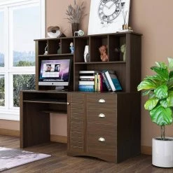 59.06 in. Rectangular Walnut Home Office Computer Desk with Hutch by Z-joyee -Cheap Z-joyee Store walnut z joyee computer desks f fb857219393 31 1000