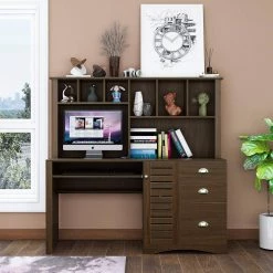59.06 in. Rectangular Walnut Home Office Computer Desk with Hutch by Z-joyee -Cheap Z-joyee Store walnut z joyee computer desks f fb857219393 76 1000