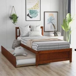 Wood Walnut Twin Size Platform Bed with Trundle by Z-joyee -Cheap Z-joyee Store walnut z joyee platform beds f fb857218198 31 1000