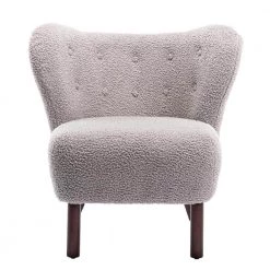 Warm Gray Polyester Modern Accent Chair Lambskin Sherpa Wingback Tufted Side Chair by Z-joyee