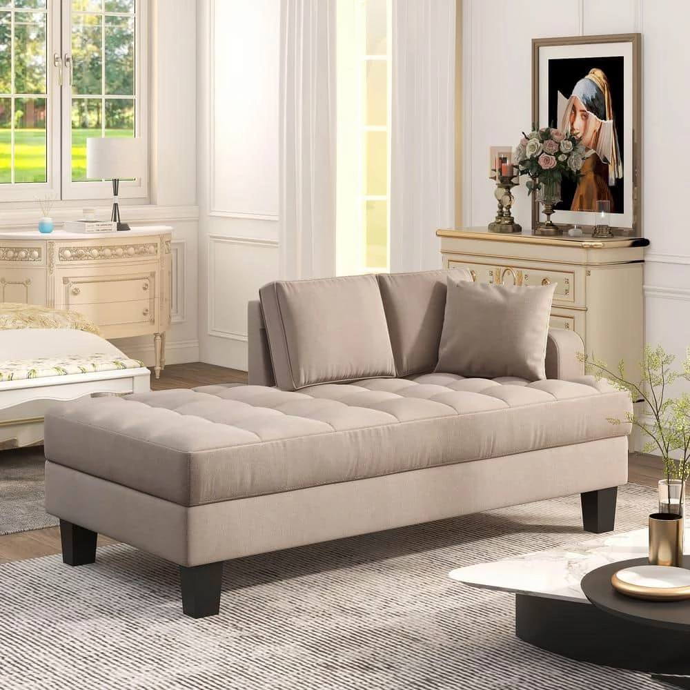 Warm Gray Deep Tufted Upholstered Textured Fabric Chaise Lounge with Toss Pillow for Living Room by Z-joyee 5 Warm Gray Deep Tufted Upholstered Textured Fabric Chaise Lounge with Toss Pillow for Living Room by Z-joyee - Image 5