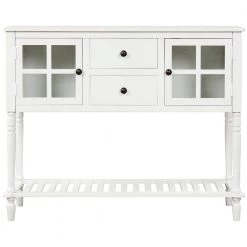 White Sideboard Console Table with Bottom Shelf, Farmhouse Wood/Glass Buffet Storage Cabinet by Z-joyee
