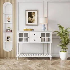 White Sideboard Console Table with Bottom Shelf, Farmhouse Wood/Glass Buffet Storage Cabinet by Z-joyee -Cheap Z-joyee Store white z joyee accent cabinets lyac444aak c3 1000