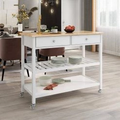 White Rolling Kitchen Cart with Locking Wheels and Open Spacious Storage Shelves by Z-joyee -Cheap Z-joyee Store white z joyee bar carts p q202200153 31 1000