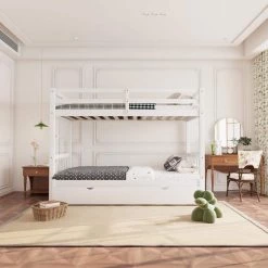 White Twin over Pull-out Bunk Bed with Trundle by Z-joyee -Cheap Z-joyee Store white z joyee bunk beds ly301aak 1ak 1 c3 1000