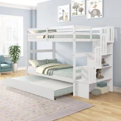 White Twin Bunk Bed with Twin Size Pull Out Trundle by Z-joyee -Cheap Z-joyee Store white z joyee bunk beds p q202200050 31 1000