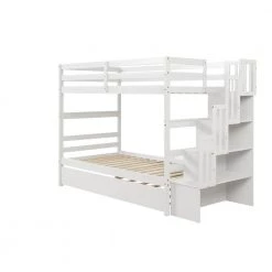 White Twin Bunk Bed with Twin Size Pull Out Trundle by Z-joyee -Cheap Z-joyee Store white z joyee bunk beds p q202200050 c3 1000