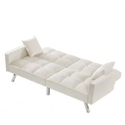 White Modern Velvet Futon Sofa Couch Bed with Armrests and 2 Pillows by Z-joyee -Cheap Z-joyee Store white z joyee futons p s202200346 1f 1000