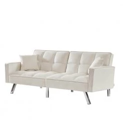 White Modern Velvet Futon Sofa Couch Bed with Armrests and 2 Pillows by Z-joyee