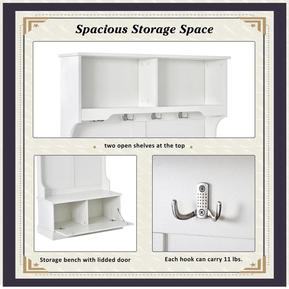 72 in. H White Hall Tree with 4-Hooks, Coat Hanger, Entryway Bench, Storage Bench by Z-joyee 6 72 in. H White Hall Tree with 4-Hooks, Coat Hanger, Entryway Bench, Storage Bench by Z-joyee - Image 6