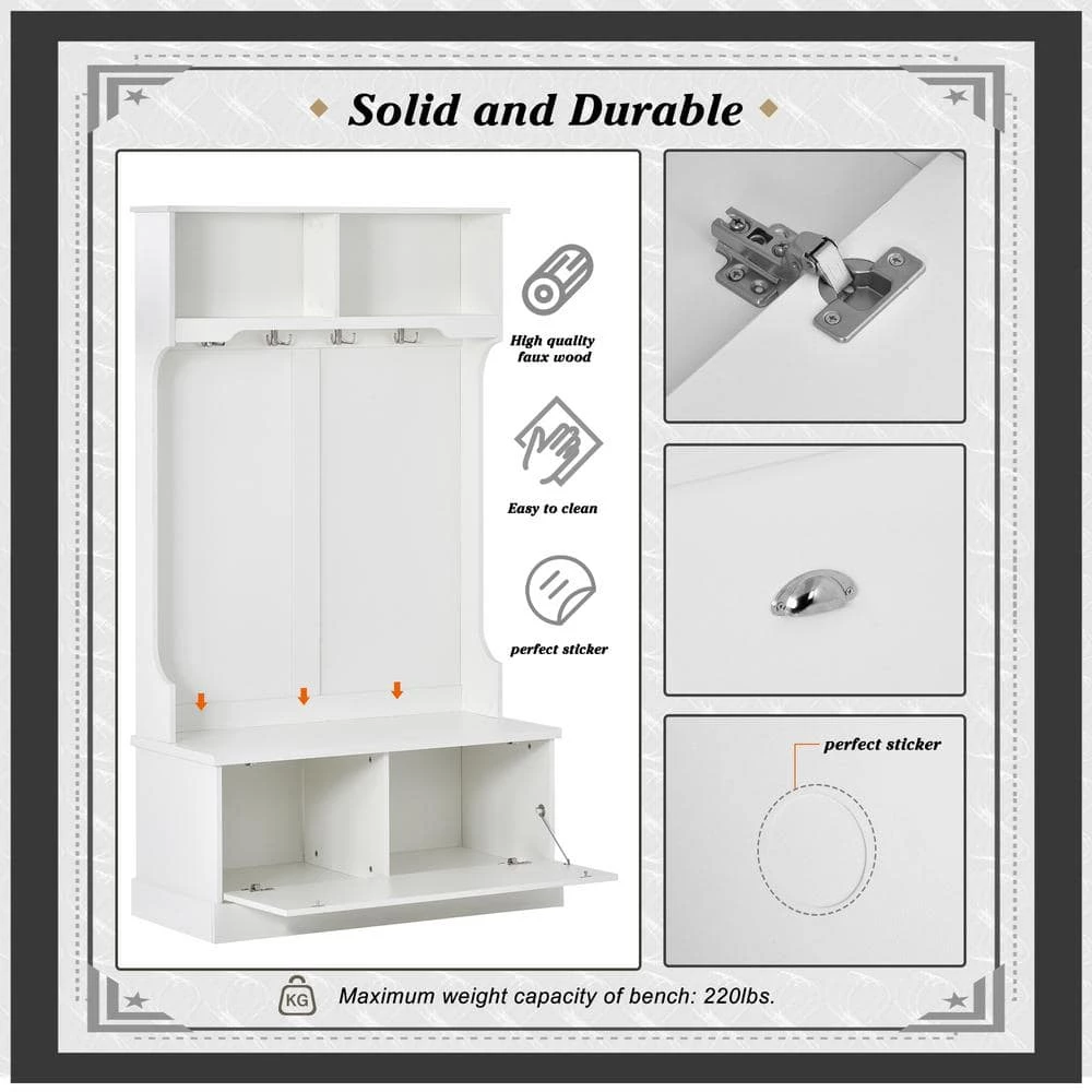 72 in. H White Hall Tree with 4-Hooks, Coat Hanger, Entryway Bench, Storage Bench by Z-joyee 4 72 in. H White Hall Tree with 4-Hooks, Coat Hanger, Entryway Bench, Storage Bench by Z-joyee - Image 4