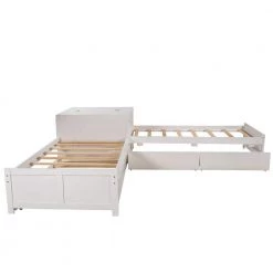 White Wood L-shaped Platform Bed with Trundle and Drawers by Z-joyee