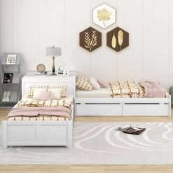 White Wood L-shaped Platform Bed with Trundle and Drawers by Z-joyee -Cheap Z-joyee Store white z joyee kids beds ly0518ak c3 1000