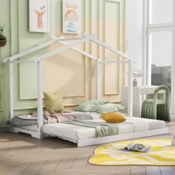 White Twin XL/King Size House Platform Bed with Trundle by Z-joyee -Cheap Z-joyee Store white z joyee kids beds ly7228ak 31 1000