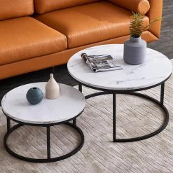 31.5 in. White Round Wood Top Modern Nesting Coffee Table with Marble Color Top by Z-joyee -Cheap Z-joyee Store white z joyee nesting tables p q202200034 c3 1000