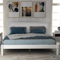 White Full Platform Bed with Headboard and Wood Slat Support by Z-joyee -Cheap Z-joyee Store white z joyee platform beds f fb857215937 1f 1000