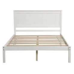 White Full Platform Bed with Headboard and Wood Slat Support by Z-joyee