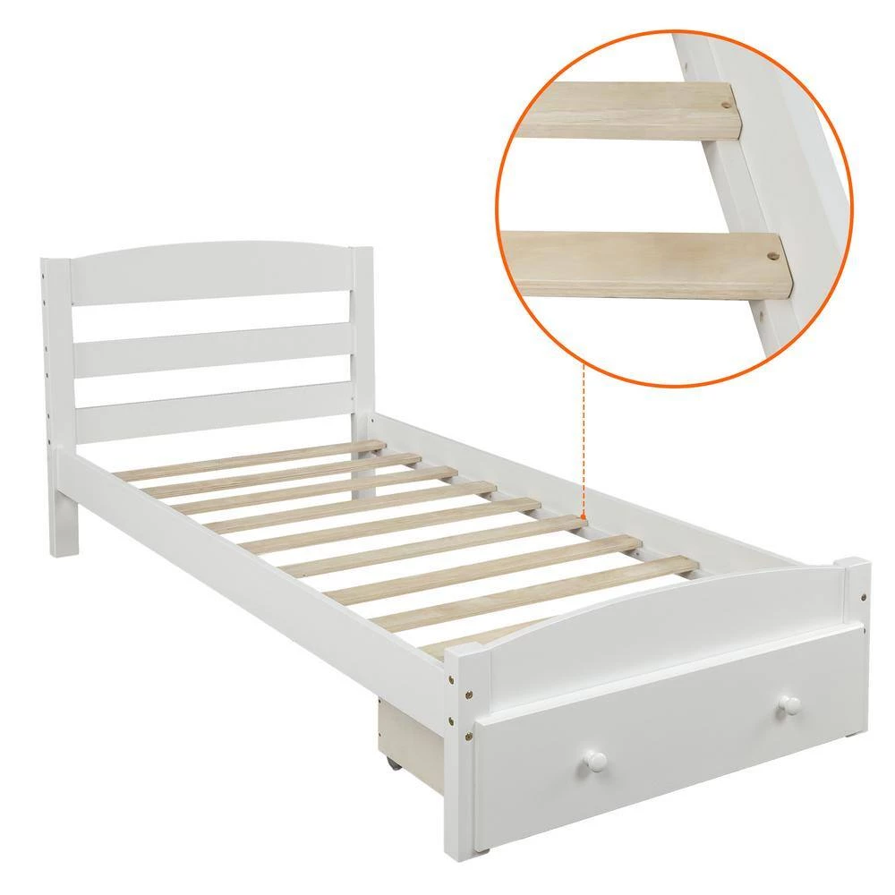 White Twin Size Wood Platform Bed with Storage Drawer by Z-joyee 4 White Twin Size Wood Platform Bed with Storage Drawer by Z-joyee - Image 4