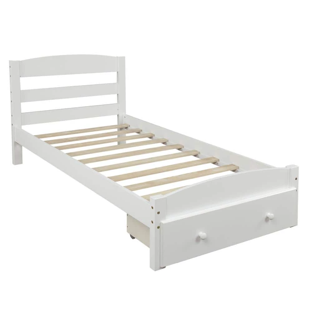 White Twin Size Wood Platform Bed with Storage Drawer by Z-joyee 1 White Twin Size Wood Platform Bed with Storage Drawer by Z-joyee