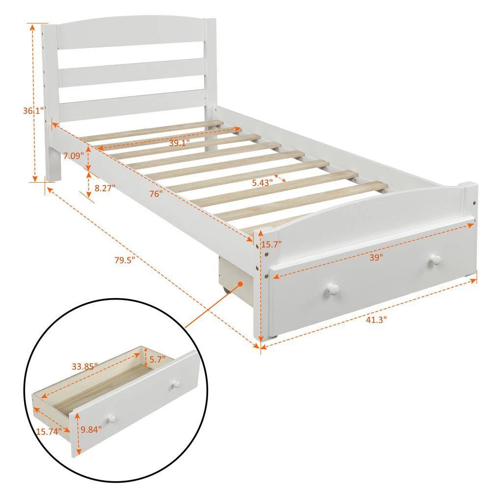 White Twin Size Wood Platform Bed with Storage Drawer by Z-joyee 7 White Twin Size Wood Platform Bed with Storage Drawer by Z-joyee - Image 7