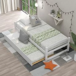 White Twin Size Wood Platform Bed with Trundle by Z-joyee -Cheap Z-joyee Store white z joyee platform beds f fb857216811 c3 1000