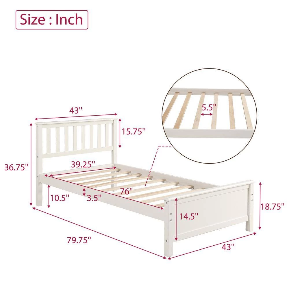 White Twin Size Wood Platform Bed with Headboard by Z-joyee 7 White Twin Size Wood Platform Bed with Headboard by Z-joyee - Image 7
