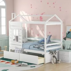 Wood White Twin Size House Bed with 2-Drawers by Z-joyee -Cheap Z-joyee Store white z joyee platform beds f fb857217023 31 1000
