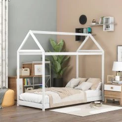Wood White Twin Size House Bed with Wood Slats by Z-joyee -Cheap Z-joyee Store white z joyee platform beds f fb857217207 31 1000