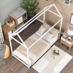 Wood White Twin Size House Bed with Wood Slats by Z-joyee -Cheap Z-joyee Store white z joyee platform beds f fb857217207 c3 1000