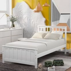 Wood White Twin Platform Bed with Headboard by Z-joyee -Cheap Z-joyee Store white z joyee platform beds f fb857217368 31 1000