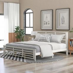 Wood White King Platform Bed with Horizontal Strip Hollow Shape by Z-joyee -Cheap Z-joyee Store white z joyee platform beds f fb857217955 31 1000