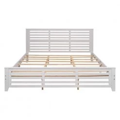 Wood White King Platform Bed with Horizontal Strip Hollow Shape by Z-joyee