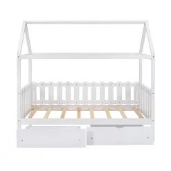 Fence-Shaped Guardrail White Twin Size House Bed with Drawers by Z-joyee 13 Fence-Shaped Guardrail White Twin Size House Bed with Drawers by Z-joyee -Cheap Z-joyee Store white z joyee platform beds f fb857218013 1f 1000