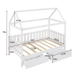 Fence-Shaped Guardrail White Twin Size House Bed with Drawers by Z-joyee 14 Fence-Shaped Guardrail White Twin Size House Bed with Drawers by Z-joyee -Cheap Z-joyee Store white z joyee platform beds f fb857218013 44 1000