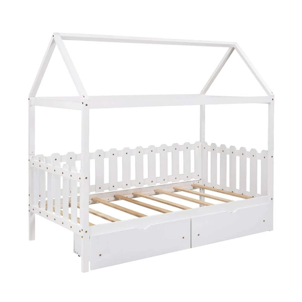 Fence-Shaped Guardrail White Twin Size House Bed with Drawers by Z-joyee 1 Fence-Shaped Guardrail White Twin Size House Bed with Drawers by Z-joyee