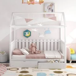 Fence-Shaped Guardrail White Twin Size House Bed with Drawers by Z-joyee 16 Fence-Shaped Guardrail White Twin Size House Bed with Drawers by Z-joyee -Cheap Z-joyee Store white z joyee platform beds f fb857218013 76 1000