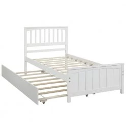 Wood White Twin Size Platform Bed with Trundle by Z-joyee