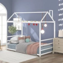 Metal White Twin Size Platform Bed with Roof and Chimney Design by Z-joyee -Cheap Z-joyee Store white z joyee platform beds f fb857218464 31 1000