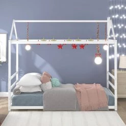 Metal White Twin Size Platform Bed with Roof and Chimney Design by Z-joyee -Cheap Z-joyee Store white z joyee platform beds f fb857218464 44 1000