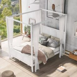 Wood White Queen Size Canopy Platform Bed with Headboard by Z-joyee -Cheap Z-joyee Store white z joyee platform beds f fb857219591 31 1000